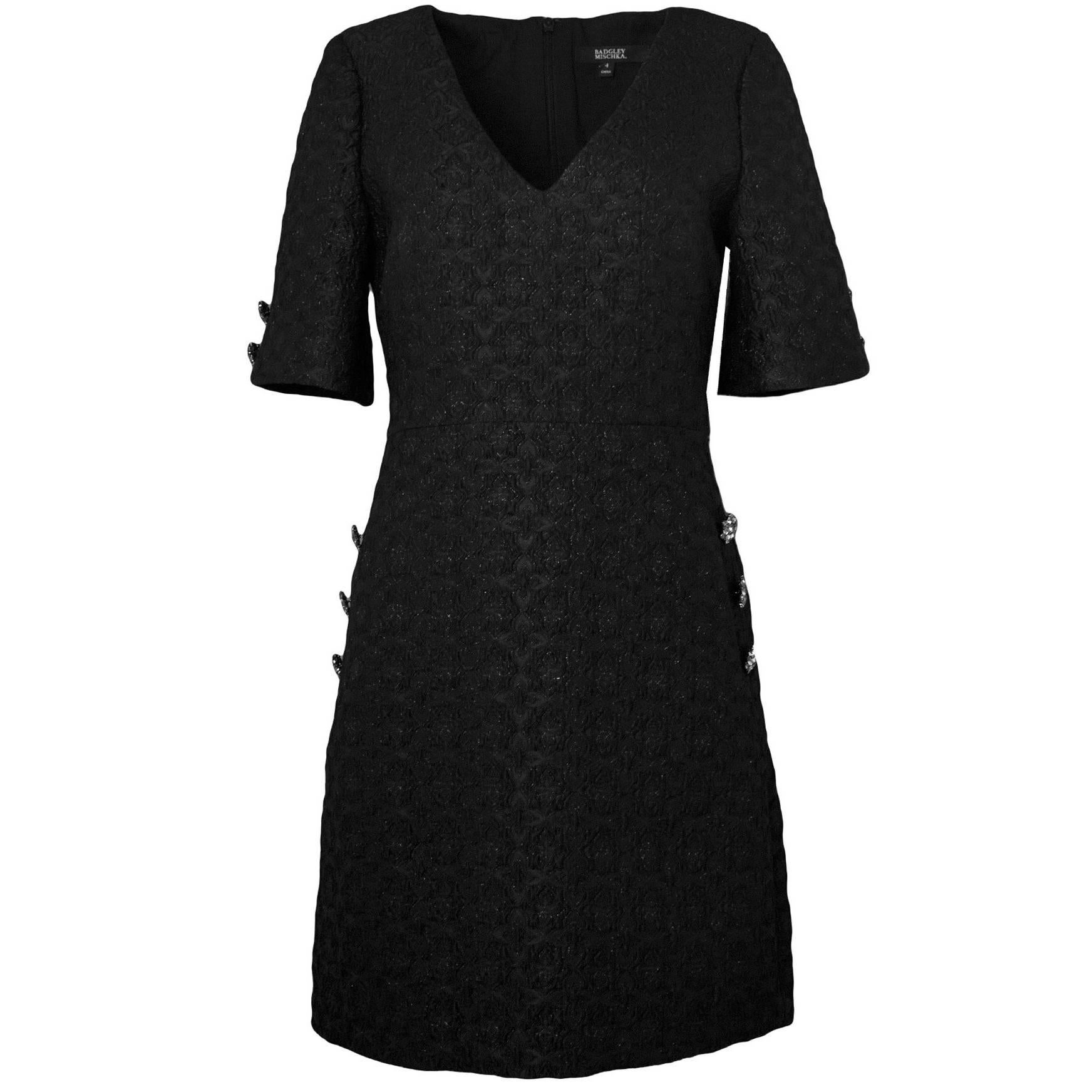 Badgley Mischka Black Brocade Dress with Crystal Buttons Sz 4 NWT