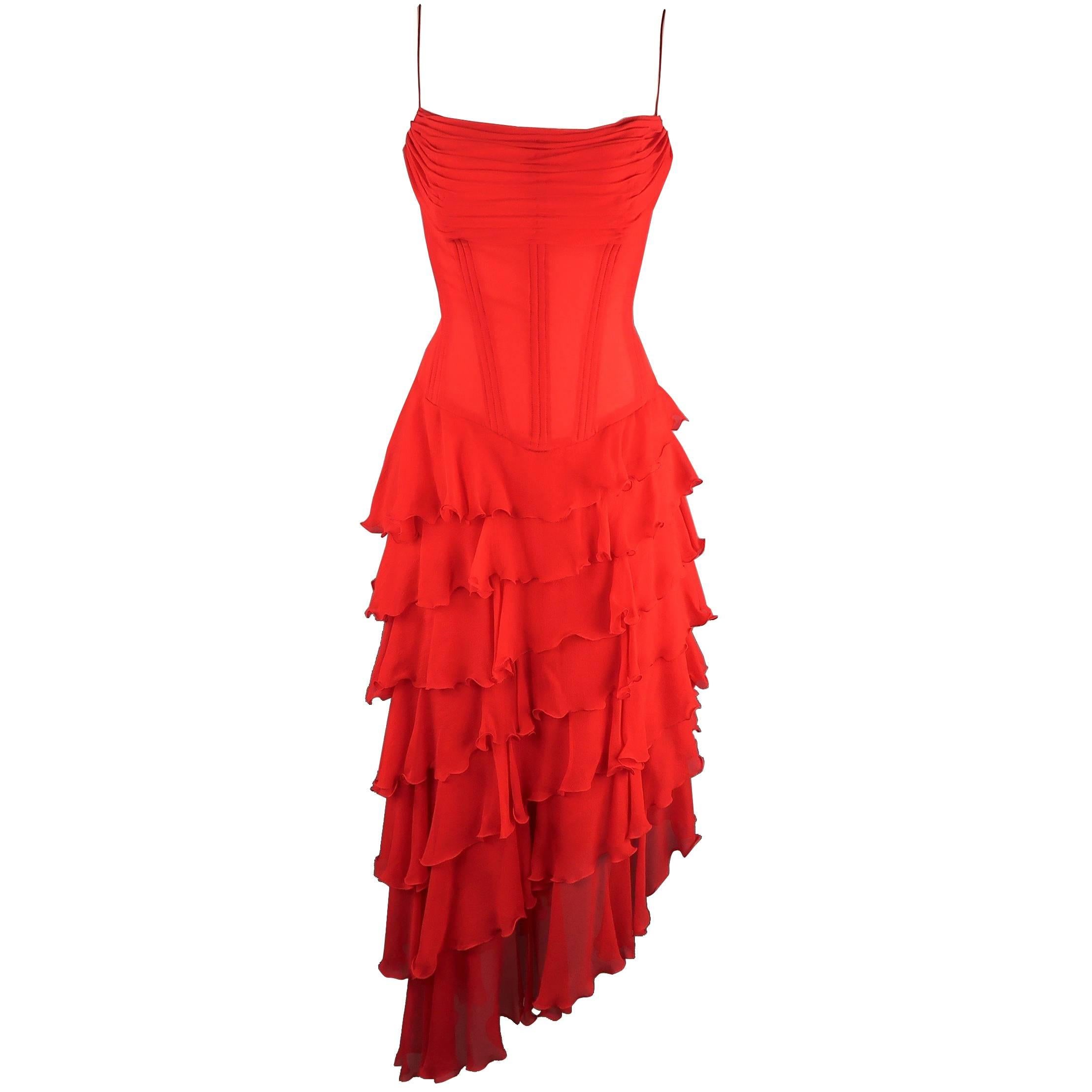 Vicky Tiel Couture Dress - Red Silk Chiffon Asymmetrical Ruffle Corset Cocktail
