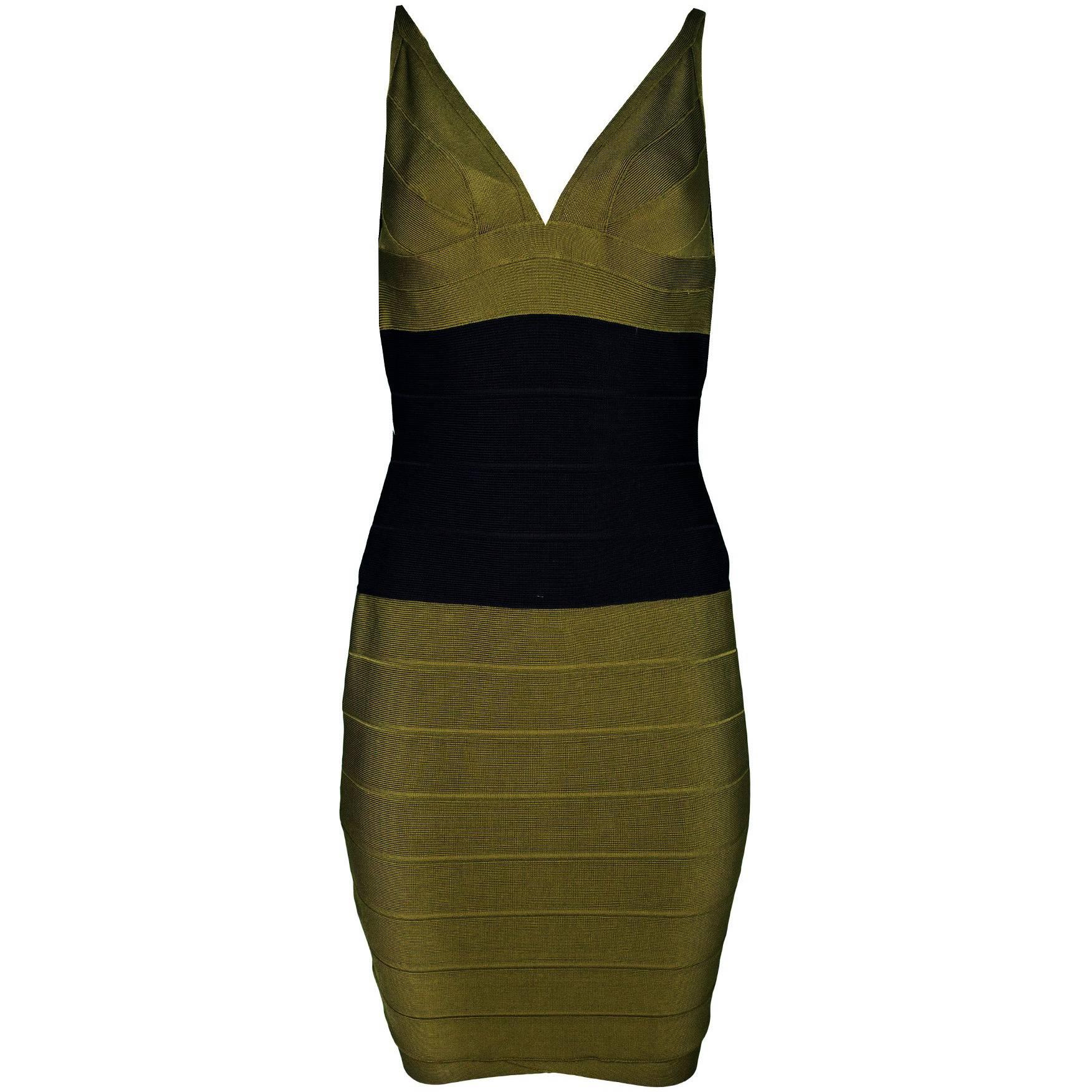 Herve Leger Olive Green & Black Bandage Dress Sz M