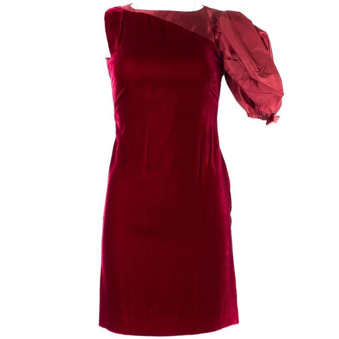 Valentino Women's Red Velvet Puffer Sleeve Dress