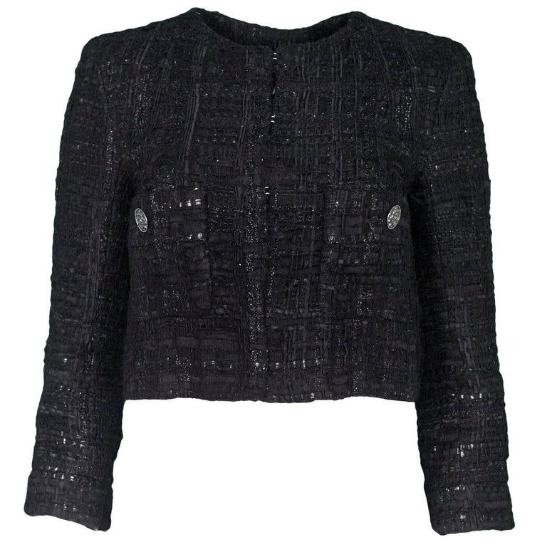 Chanel Black Metallic Cropped Jacket Sz FR38 at 1stDibs