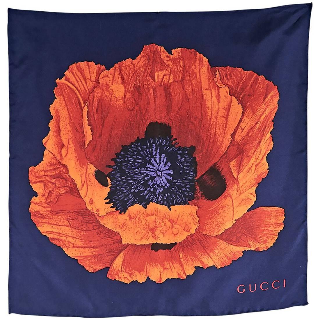 Navy Blue & Red Gucci Floral Silk Scarf