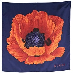 Navy Blue & Red Gucci Floral Silk Scarf