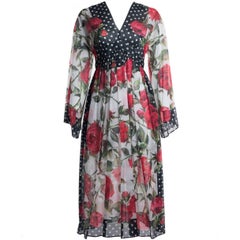 Dolce & Gabbana Floral Print Cotton Polka Dot Long Sleeve Dress
