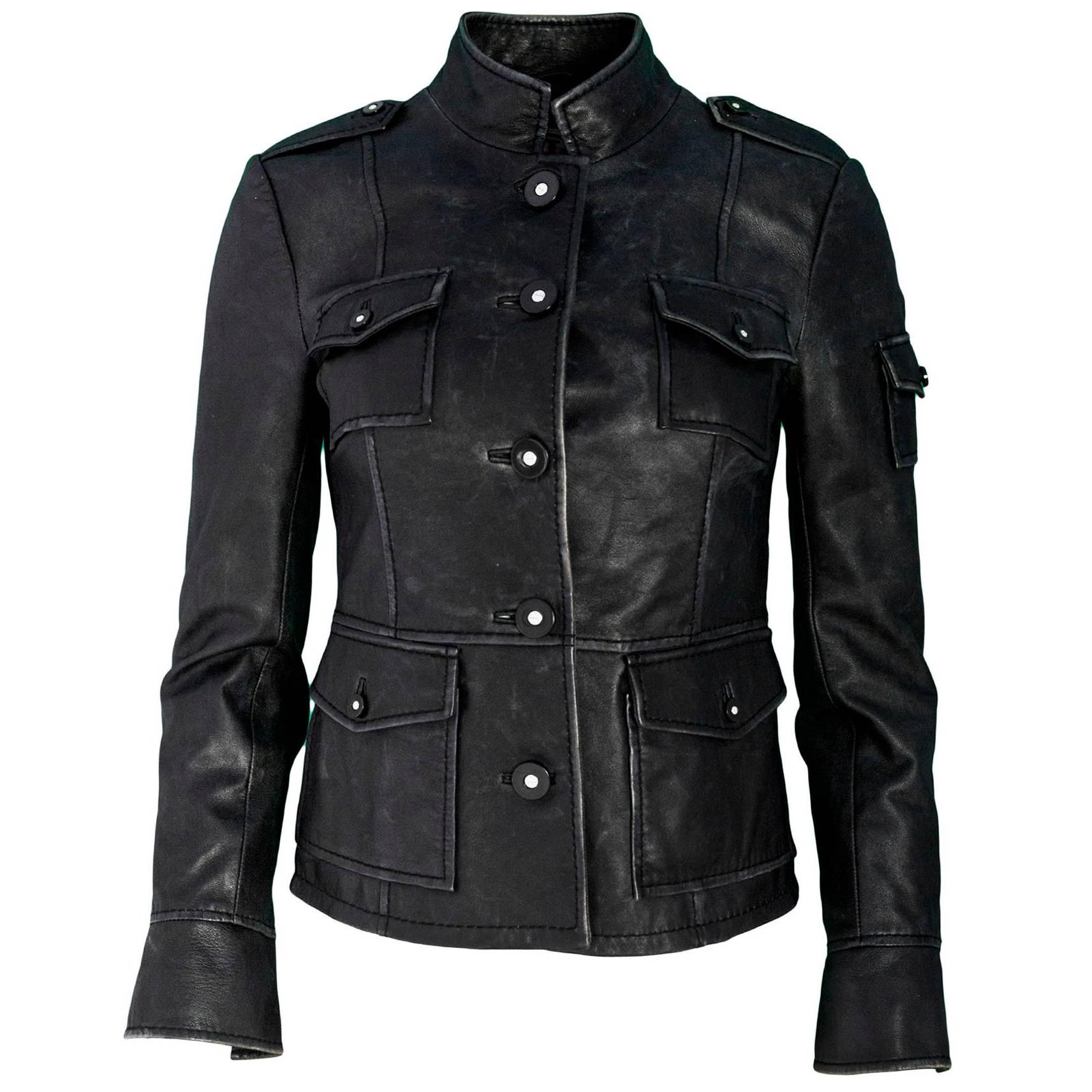 Tory Burch Black Distressed Leather Military Jacket Sz 2