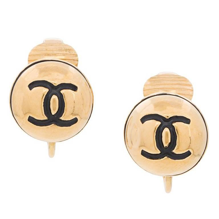 Chanel Gold CC Black Round Ball Evening Stud Earrings