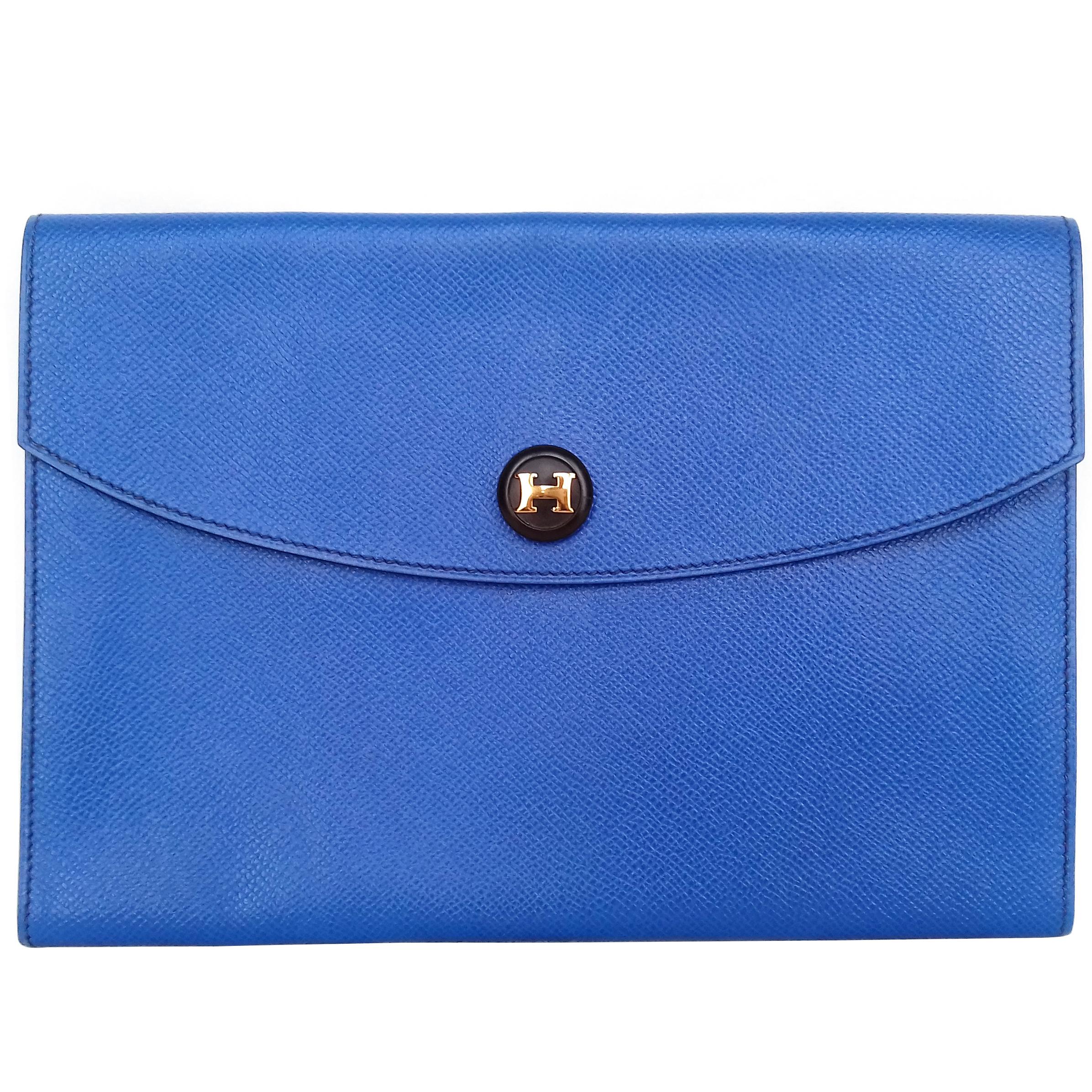 Hermes Rio Pochette Clutch Envelope Bag Blue Couchevel Leather Ghw 24 cm 6