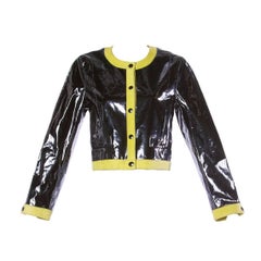 Escada Vintage 1990s 90s Black Patent Leather Bomber Jacket with Green Trim