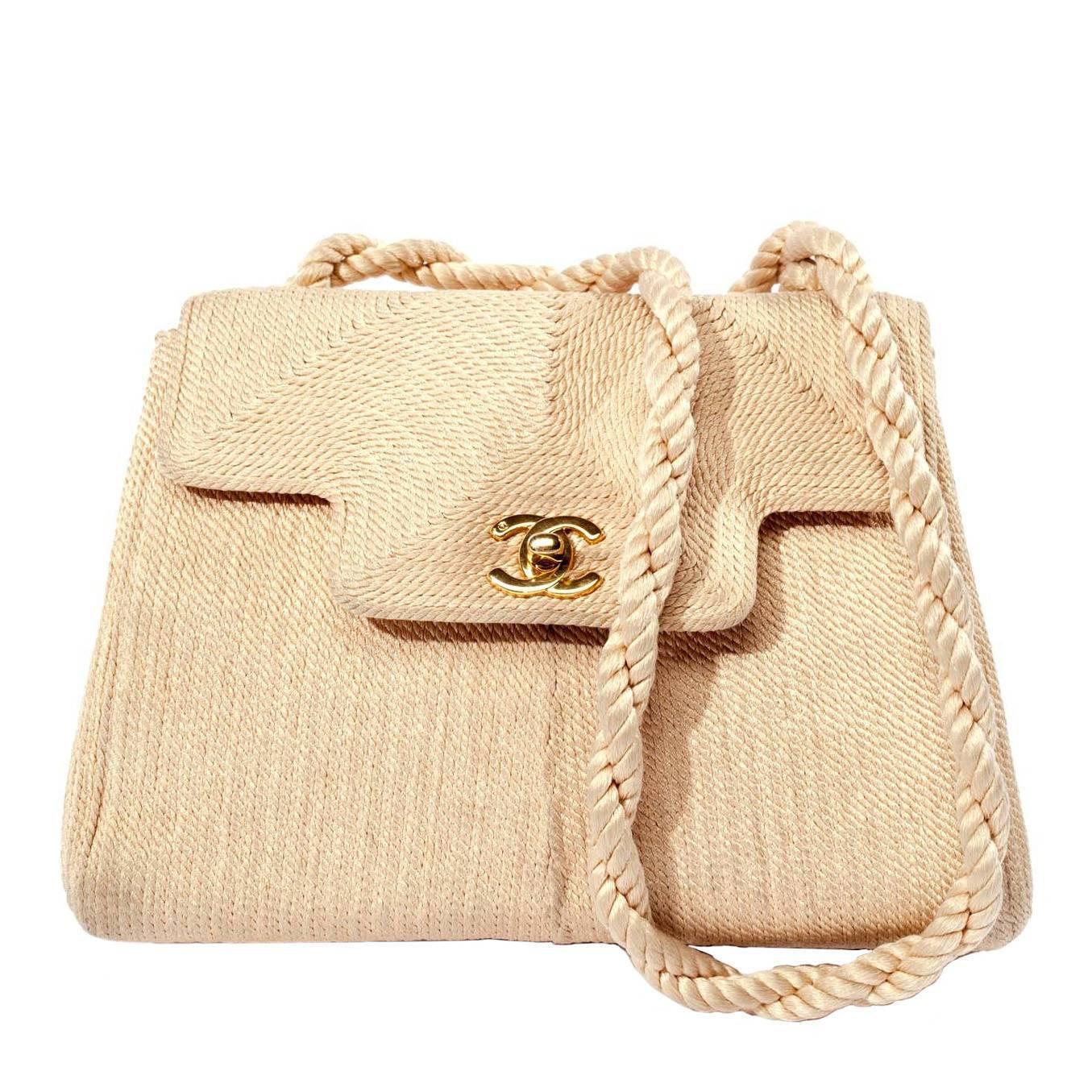 Chanel Vintage beige rope purse with gold logo double CC closure