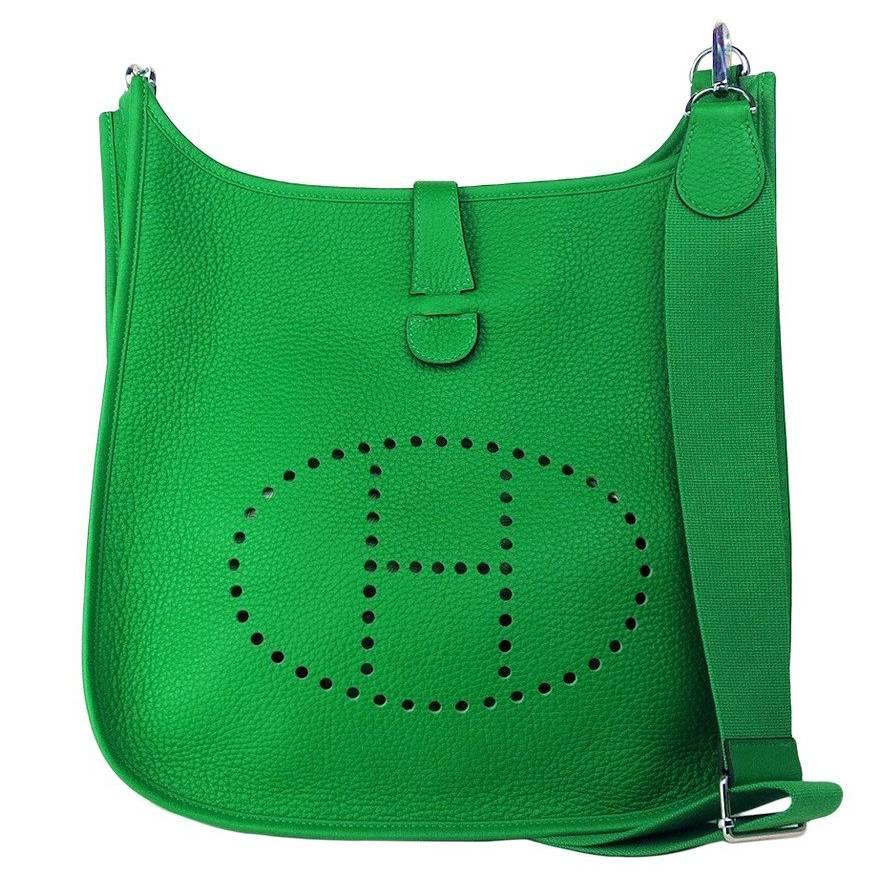 New HERMES Evelyne Shoulder Bag - Bambou Green Clemence Leather - GM - 2014