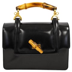 Italian Dark Brown Vintage Leather Handbag with Bamboo Detail