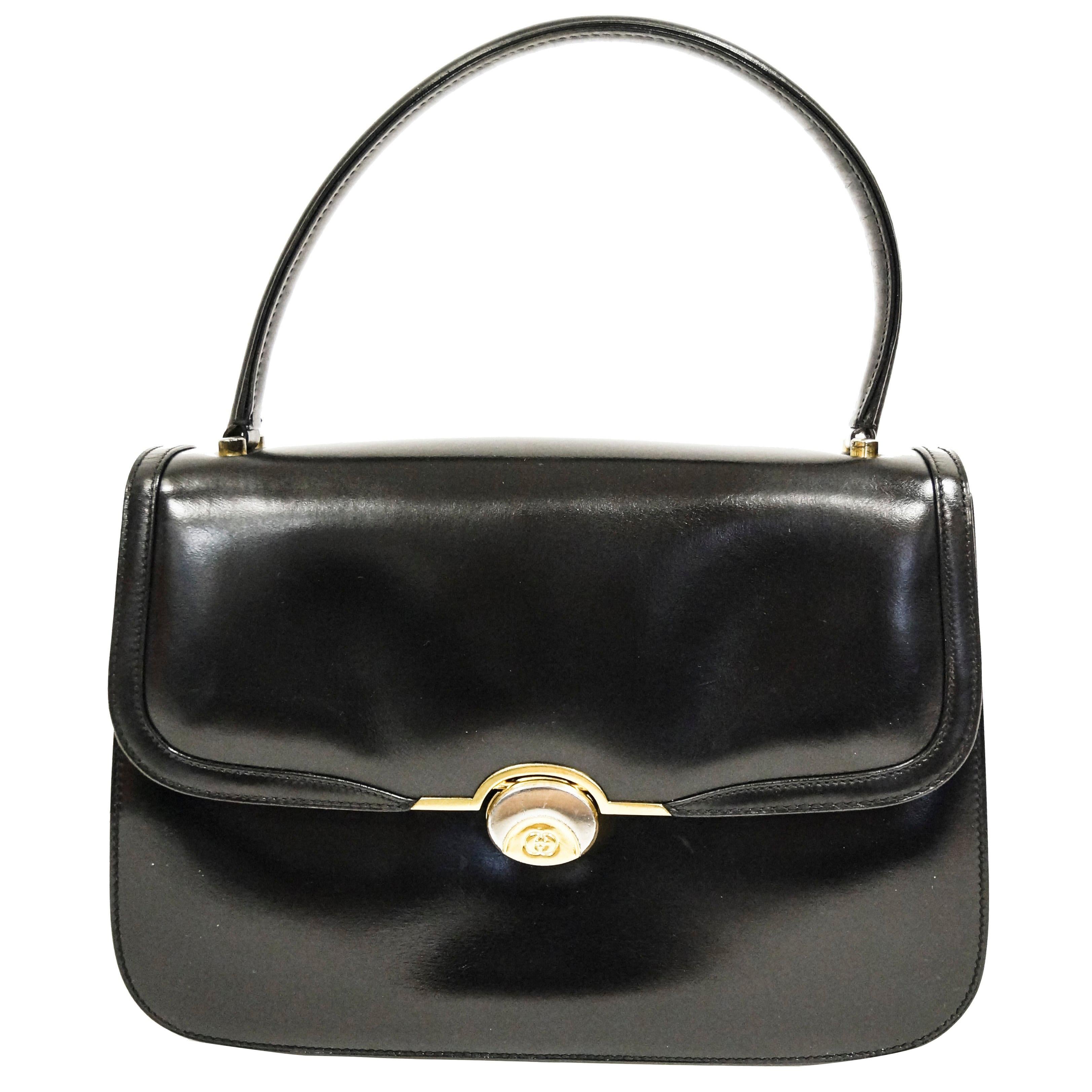 1960s Gucci Black Leather Top Handle Handbag with Crescent Lock 