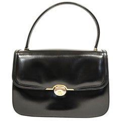 1960s Gucci Black Leather Top Handle Handbag with Crescent Lock 