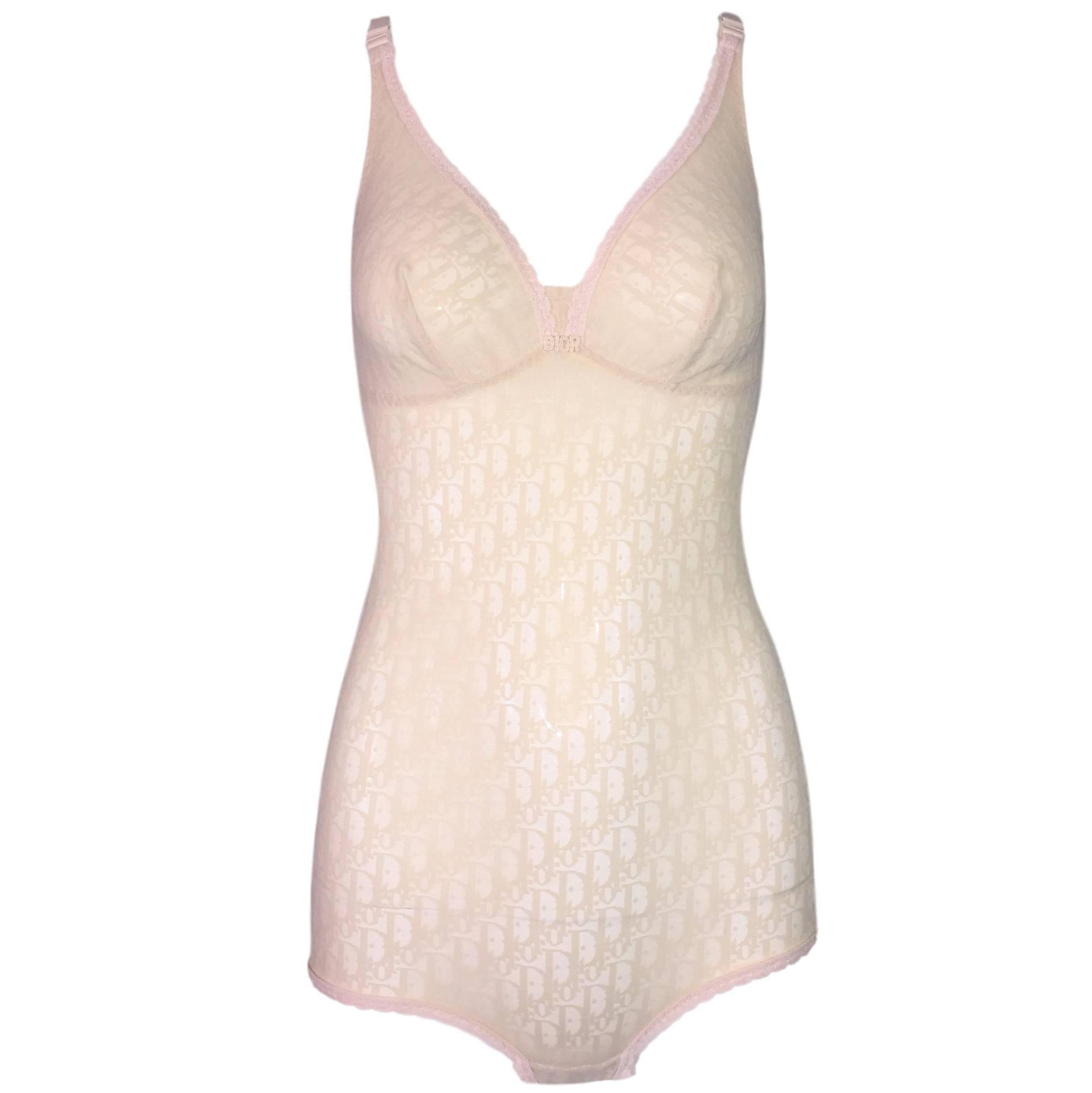 1990's Christian Dior Sheer Fair Skin Nude Monogram Mesh Bodysuit Top