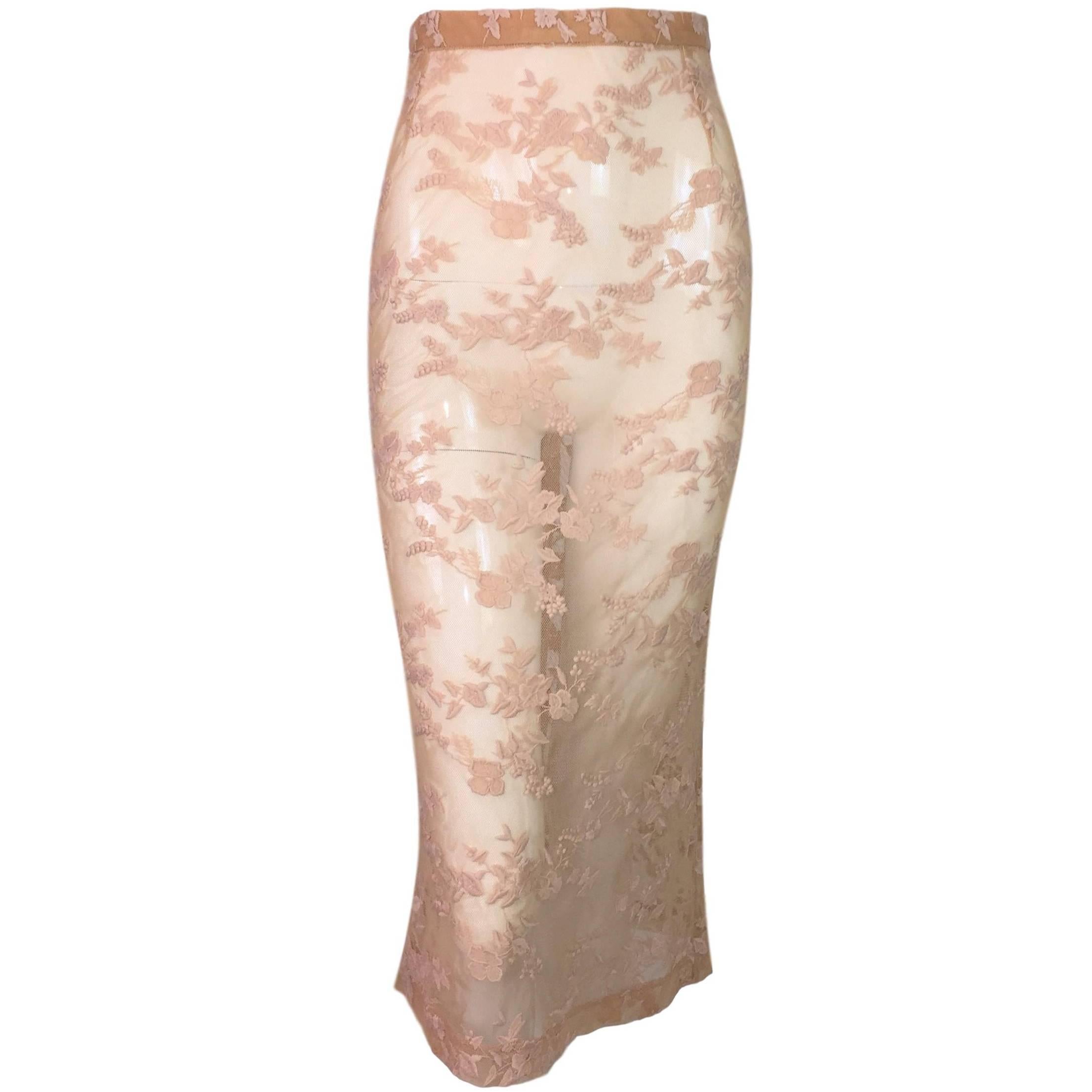 1997 Dolce & Gabbana Sheer Nude Fishnet Embroidered Mesh Pencil Skirt