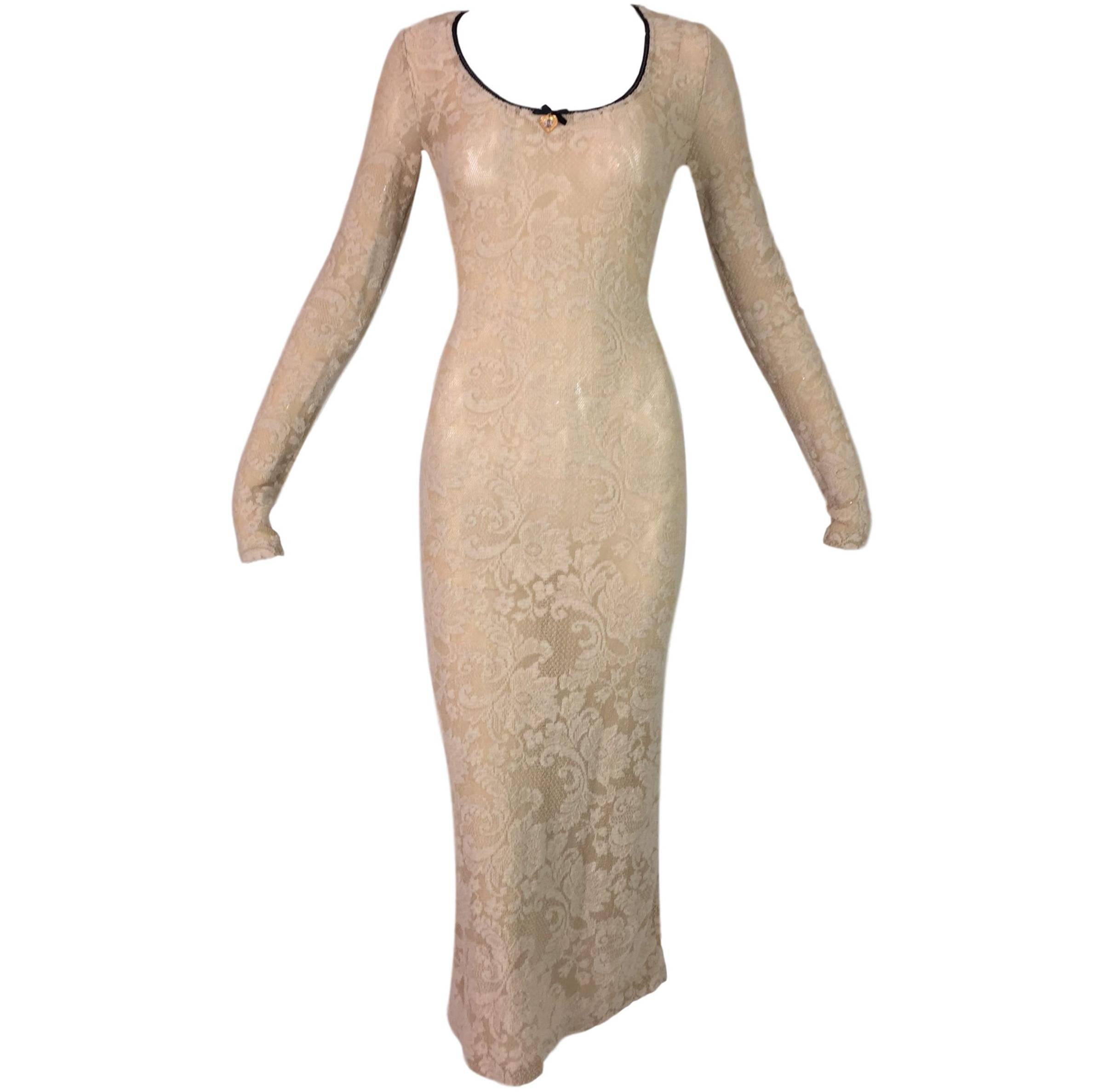 1998 D&G by Dolce & Gabbana Sheer Nude Fishnet Lace Mary Charm Long Dress