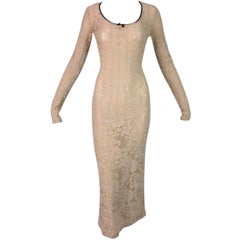 1998 D&G by Dolce & Gabbana Sheer Nude Fishnet Lace Mary Charm Long Dress