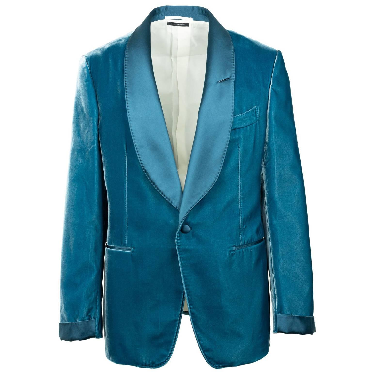 Tom Ford Aqua Blue Velvet Shawl Lapel Shelton Cocktail Jacket Sz54R/44R RTL$3980