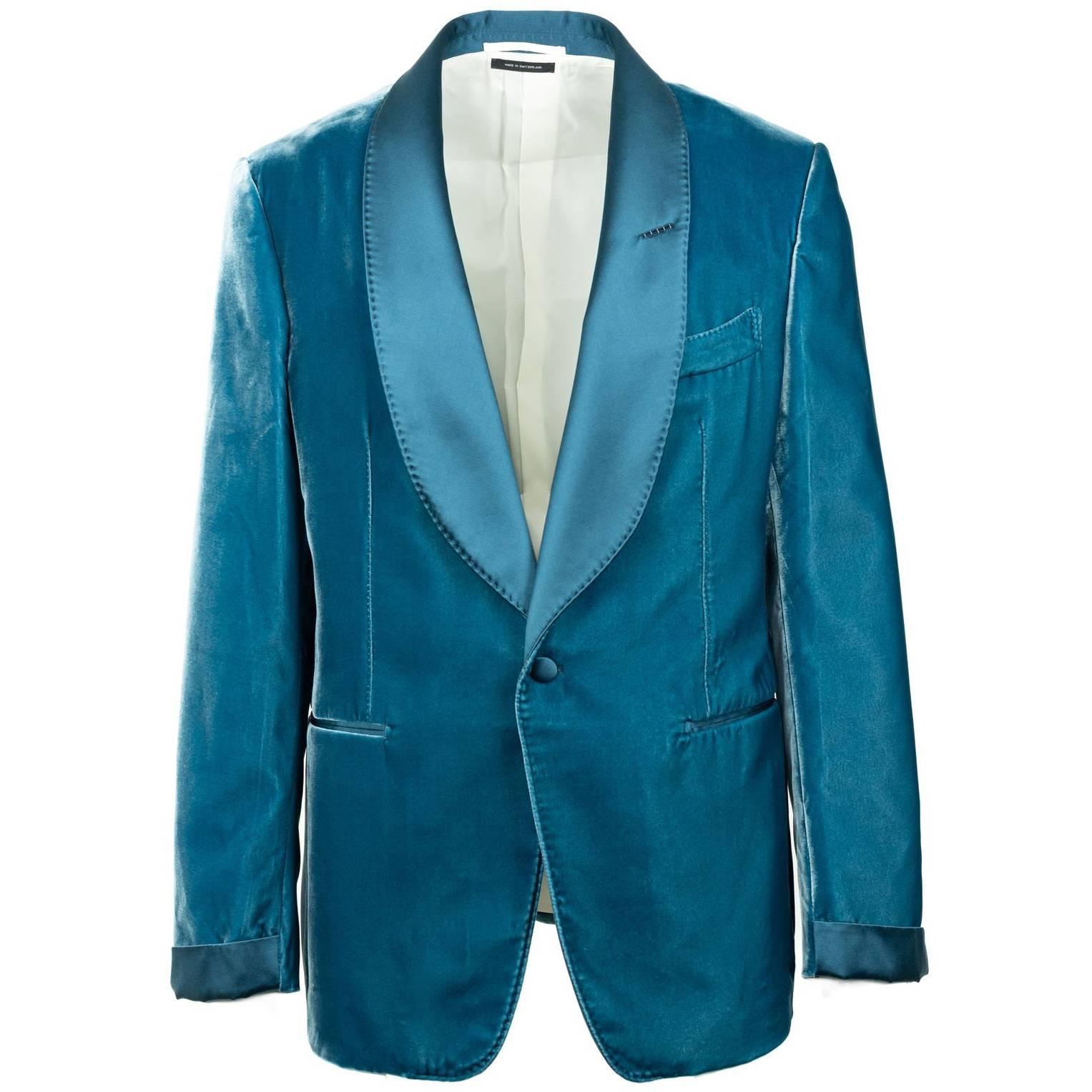 Tom Ford Aqua Blue Velvet Shawl Lapel Shelton Cocktail Jacket 56R/46R RTL $3980 For Sale