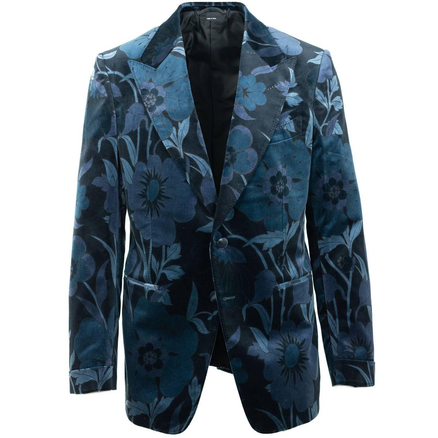 Tom Ford Mens Dark Blue Floral Velvet Shelton Jacket Sz 52R/42R RTL$4640 For Sale