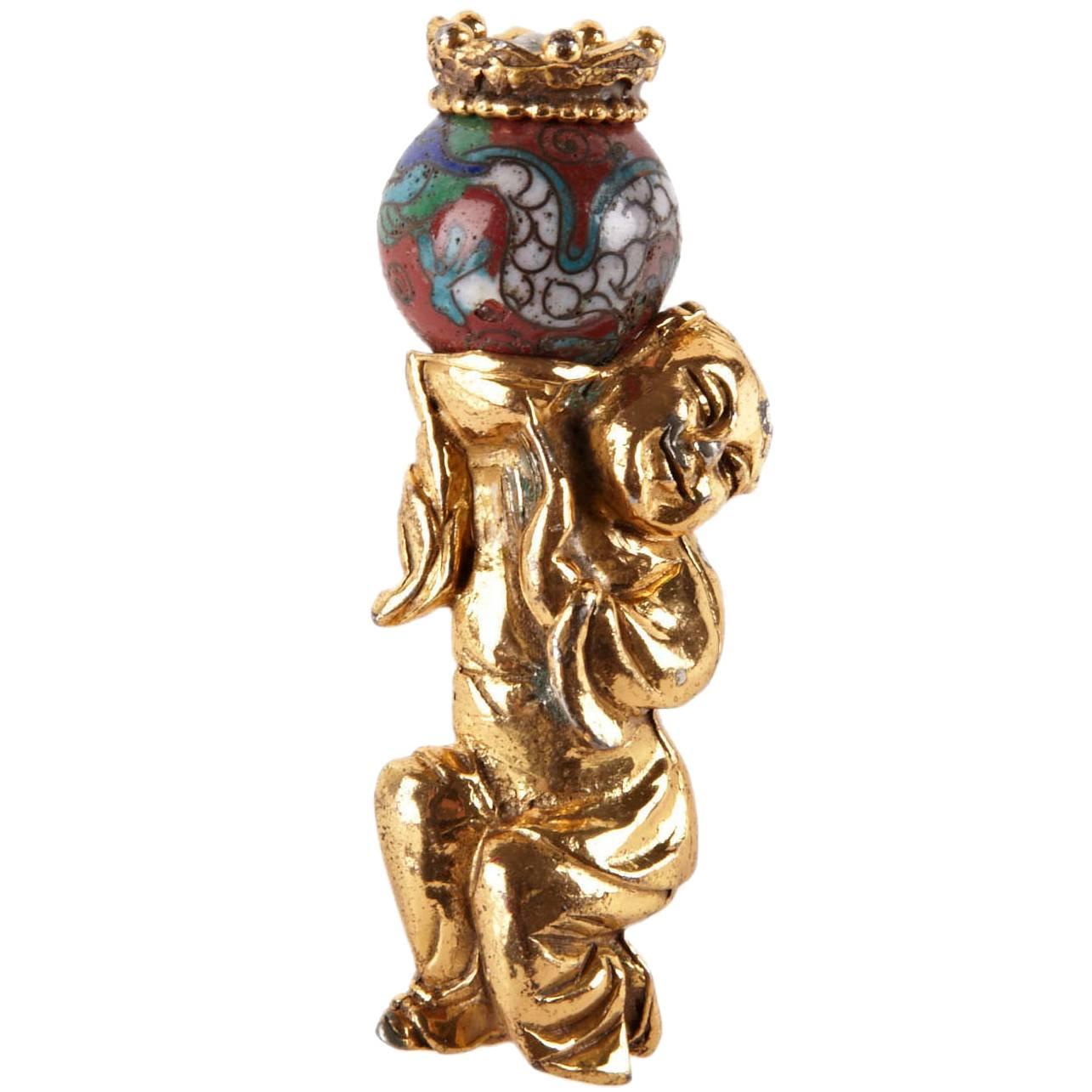 Asian Inspired Auspicious Gilt Figural Brooch  For Sale