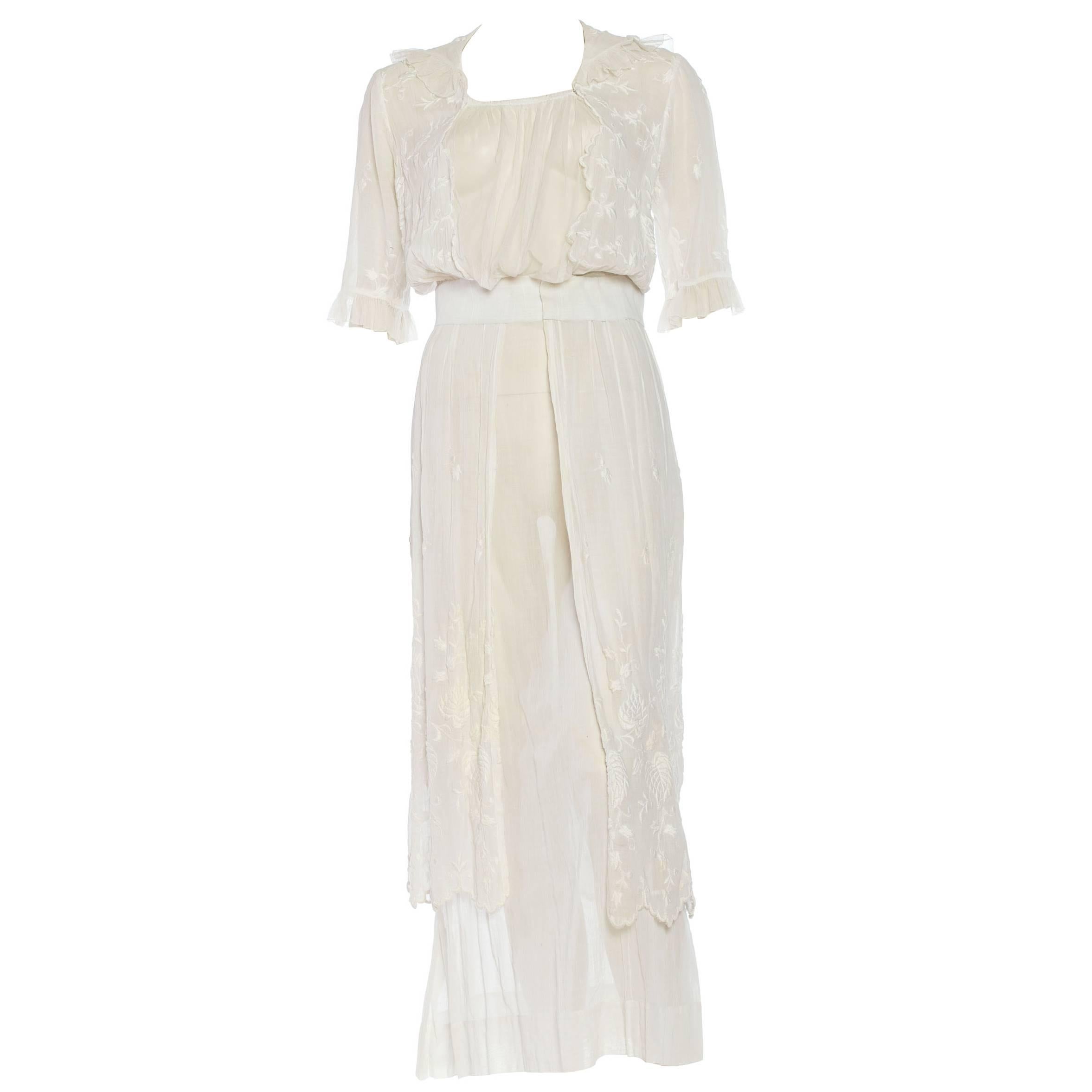 1910S White Embroidered Cotton Voile Edwardian Tea Dress With Sleeves ...