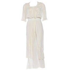 Vintage 1910S White Embroidered Cotton Voile Edwardian Tea Dress With Sleeves