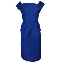 Ceil Chapman Slight Off Shoulder Fitted Blue Silk Dress, 1950s