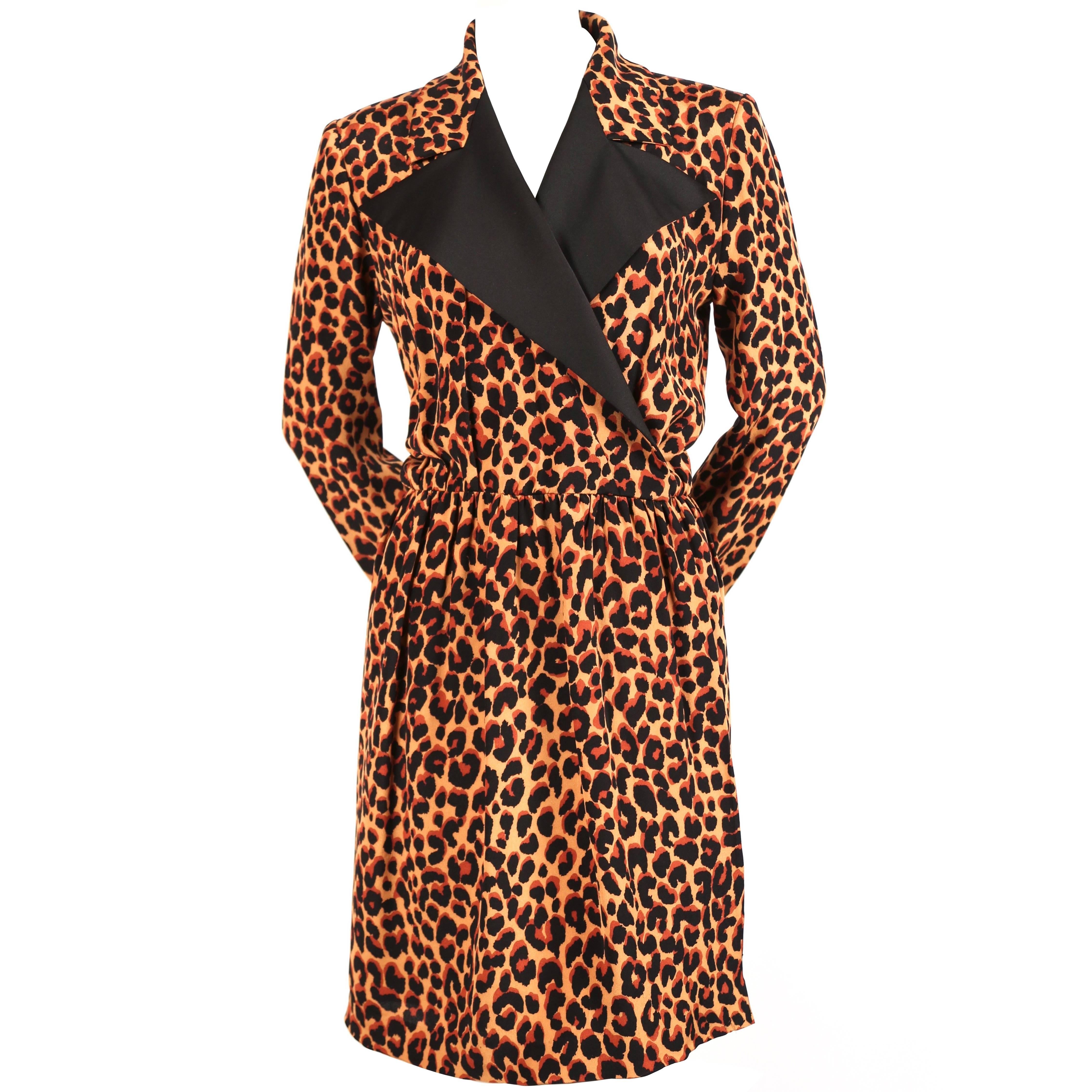 1990's YVES SAINT LAURENT silk tuxedo dress with leopard print