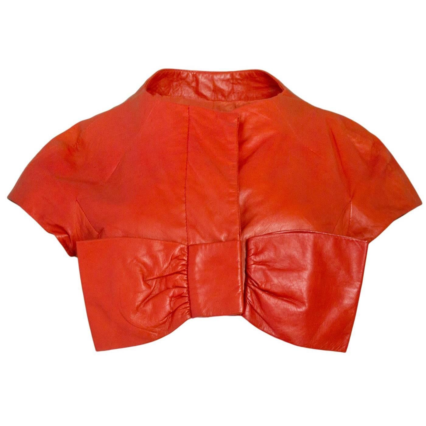 Moschino Cheap 
Chic Red Leather Cropped Bow Jacket Sz 10