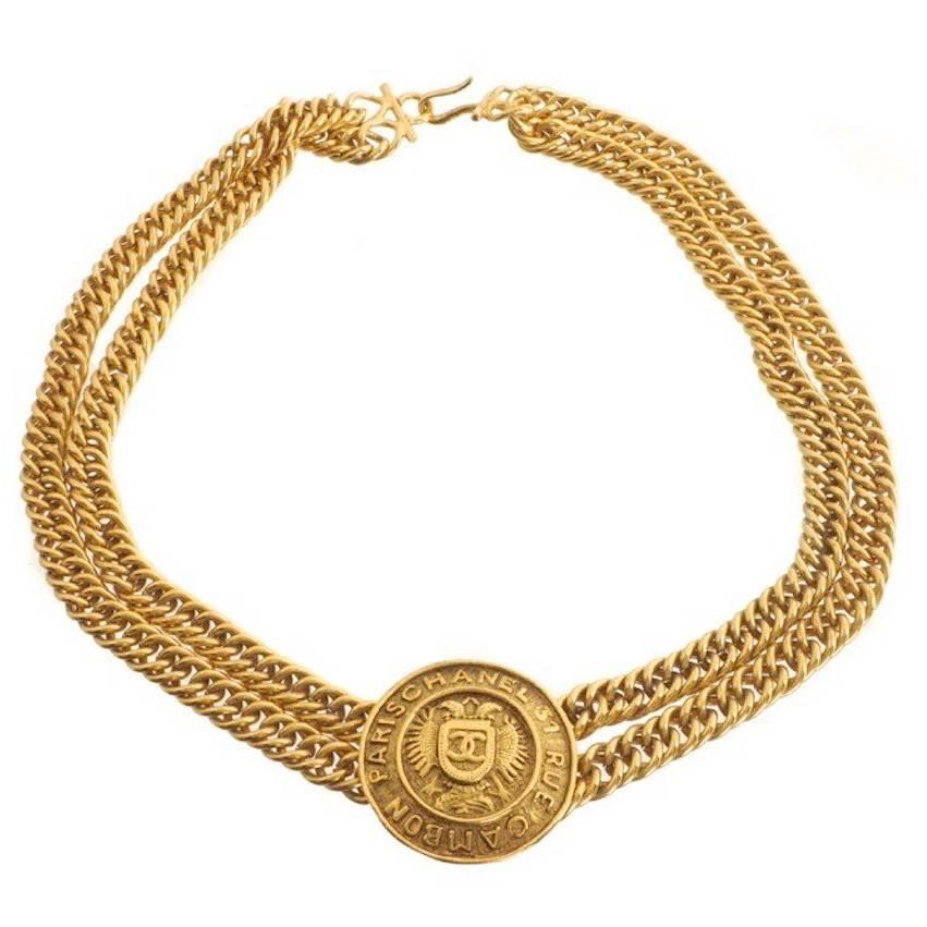 Chanel Gold Medallion Charm Double Chain Evening Link Pendant Choker Necklace