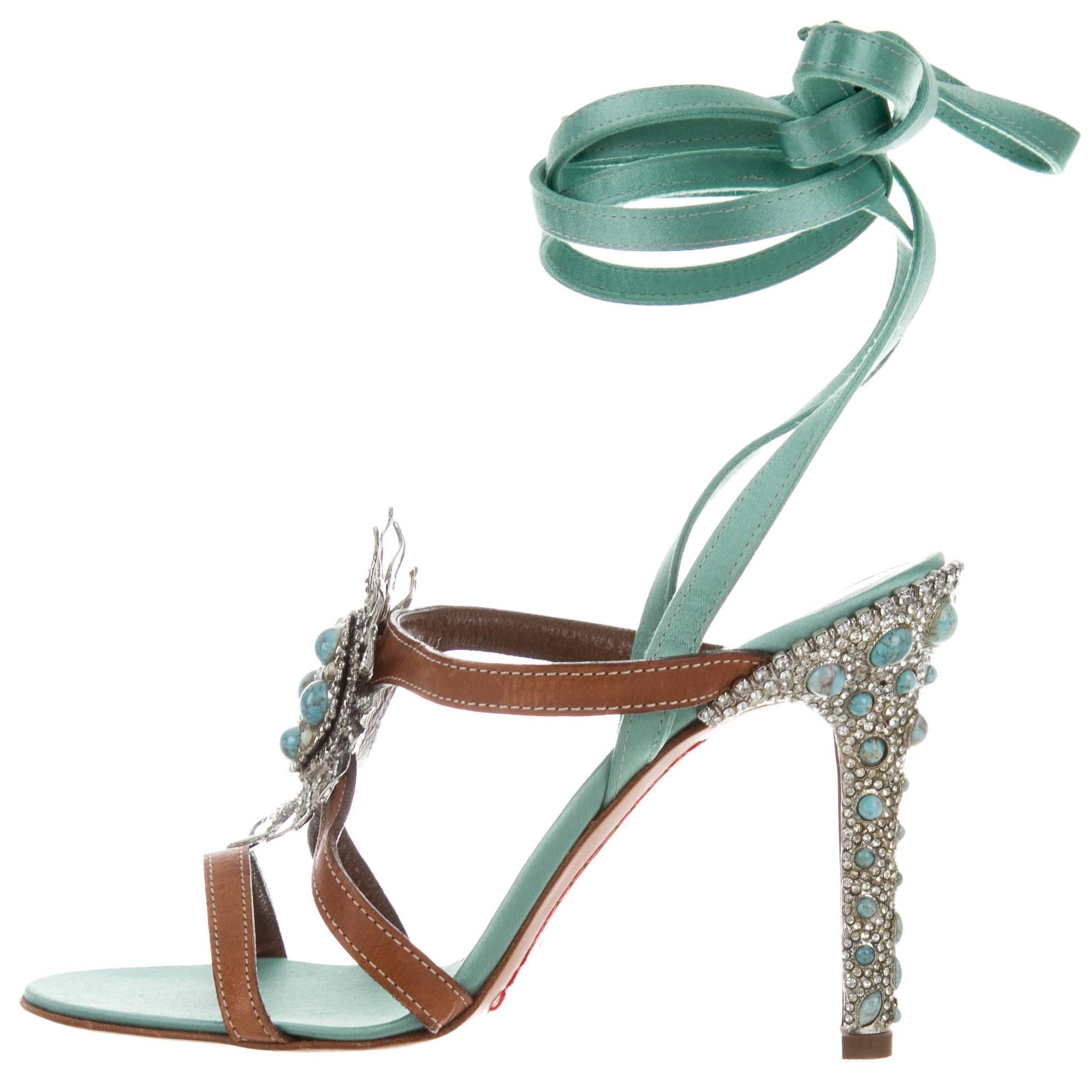 Valentino New Turquoise Swarovski Crystal Bead Evening Heels Sandals