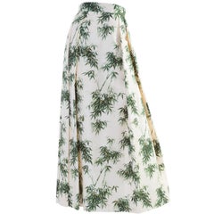 1960s Couture Silk Bamboo Ivory Green & Gold Leaf Print Maxi Side Pleat Skirt