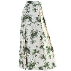 1960s Silk Bamboo Ivory Green & Gold Leaf Print Maxi Side Pleat Skirt 3
