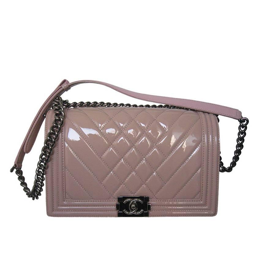 Chanel Pink Patent Leather Medium Chevron Quilted Boy Bag