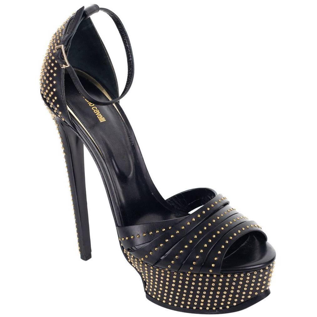 Roberto Cavalli Womens Leather Studded Black Sandals Pumps For Sale