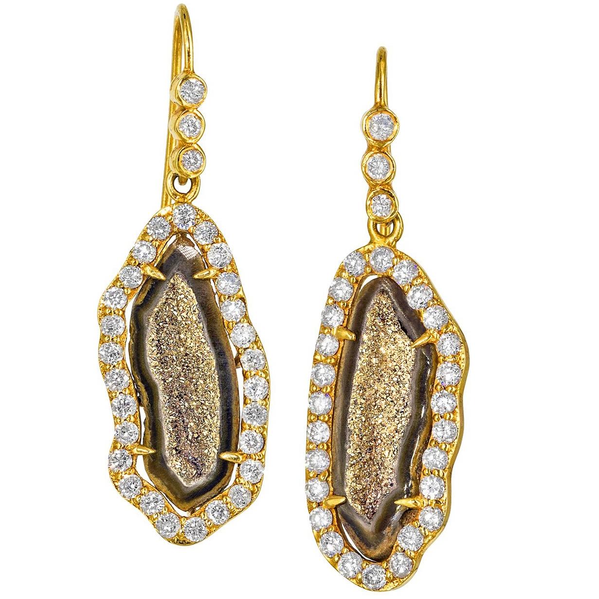 One of a Kind Inlaid Gold Crystal Geode Shimmering Diamond Drop Earrings
