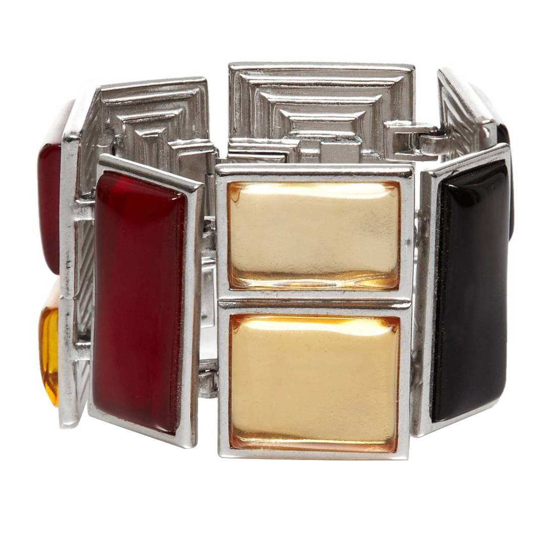 1980s Yves Saint Laurent Silver Mondrian Glass Bracelet
