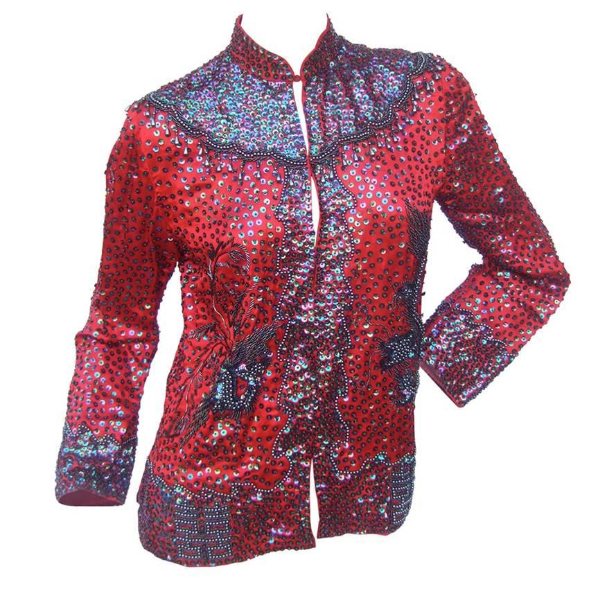 Exotic Silk Beaded Sequined Crimson Evening Jacket c 1980