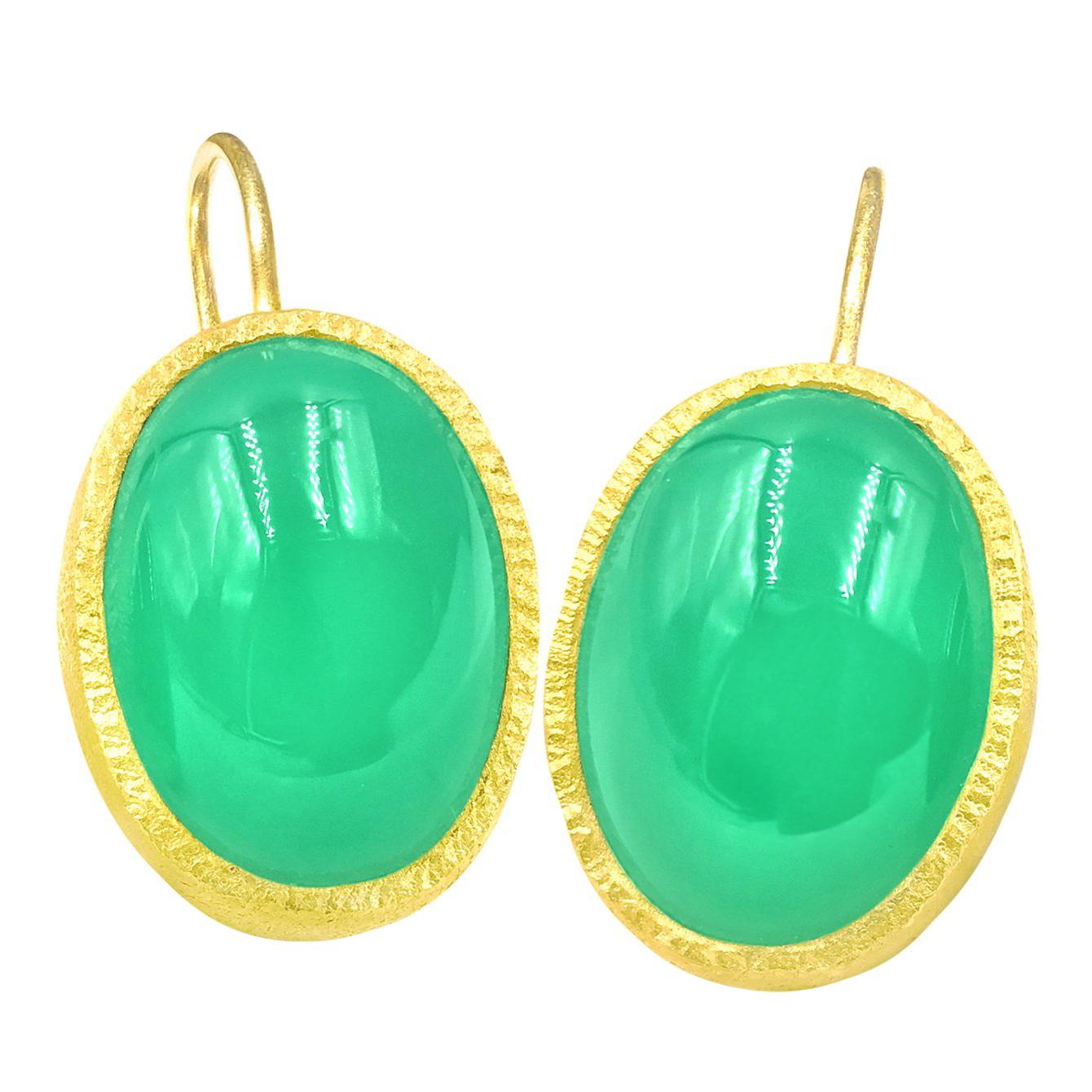 Devta Doolan Vibrant Green Chrysoprase Drop Handmade Textured Gold Earrings
