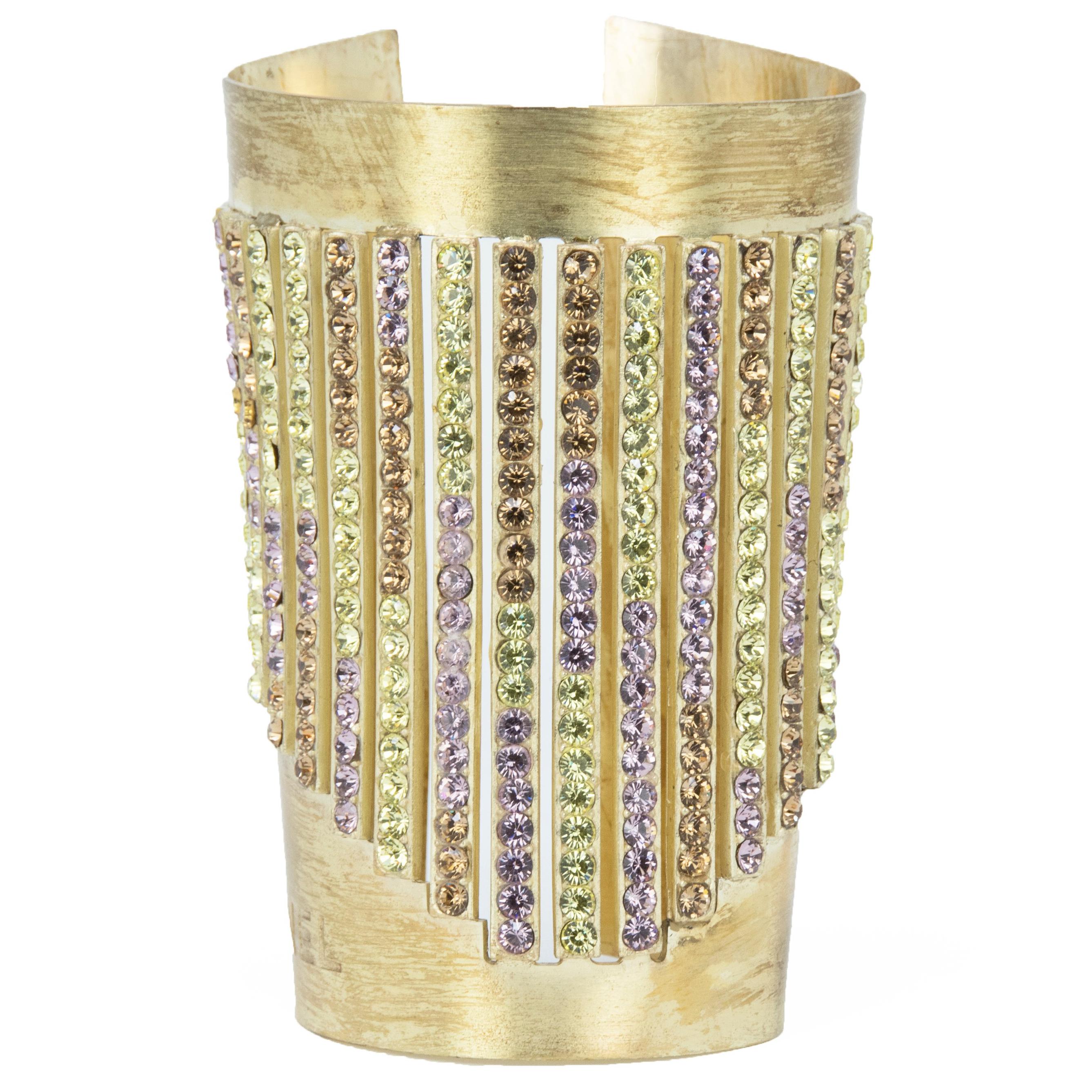 Chanel Gold Cuff with Multicolored Rhinestones For Sale