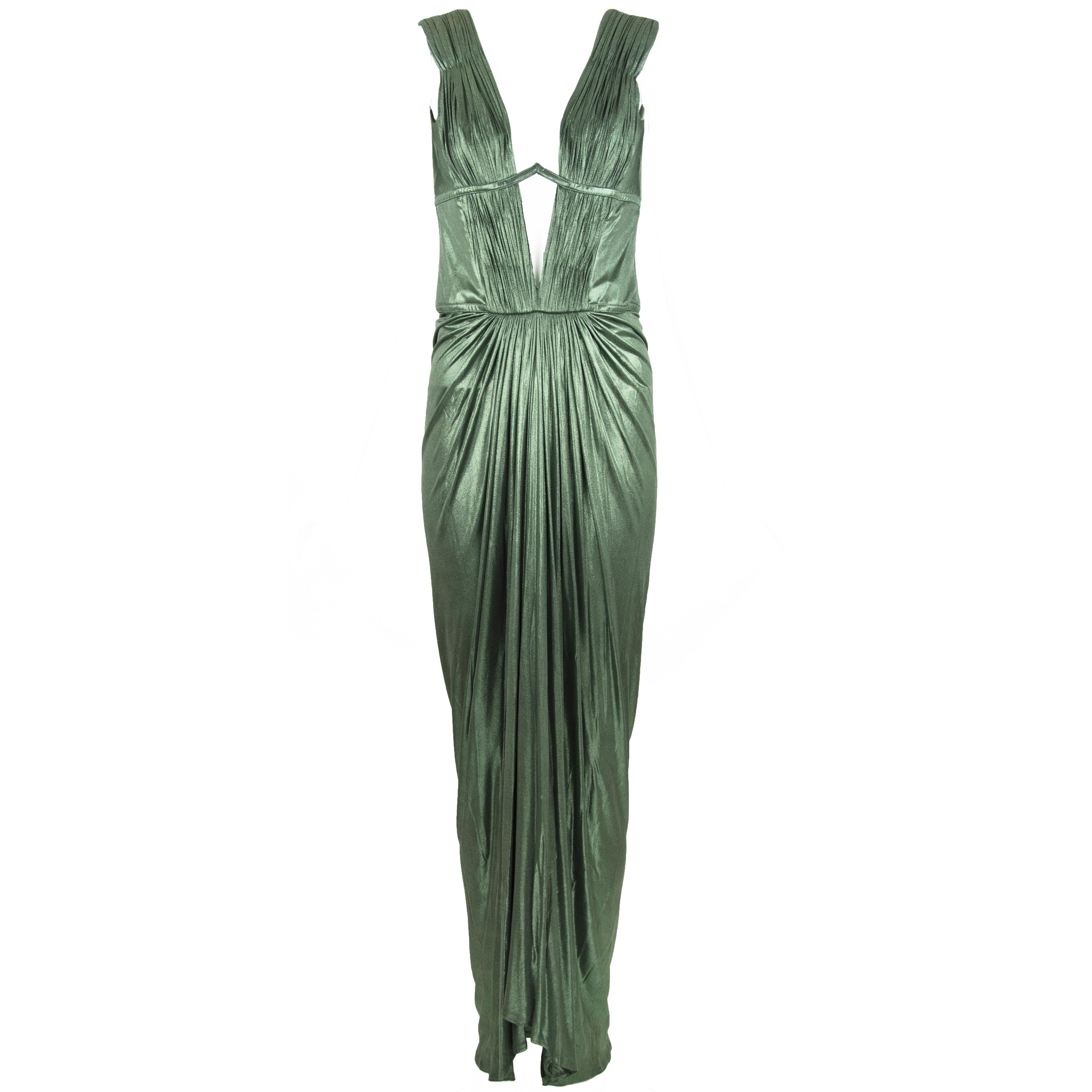 Roberto Cavalli Green Metallic Low V Neck Gown - IT 40