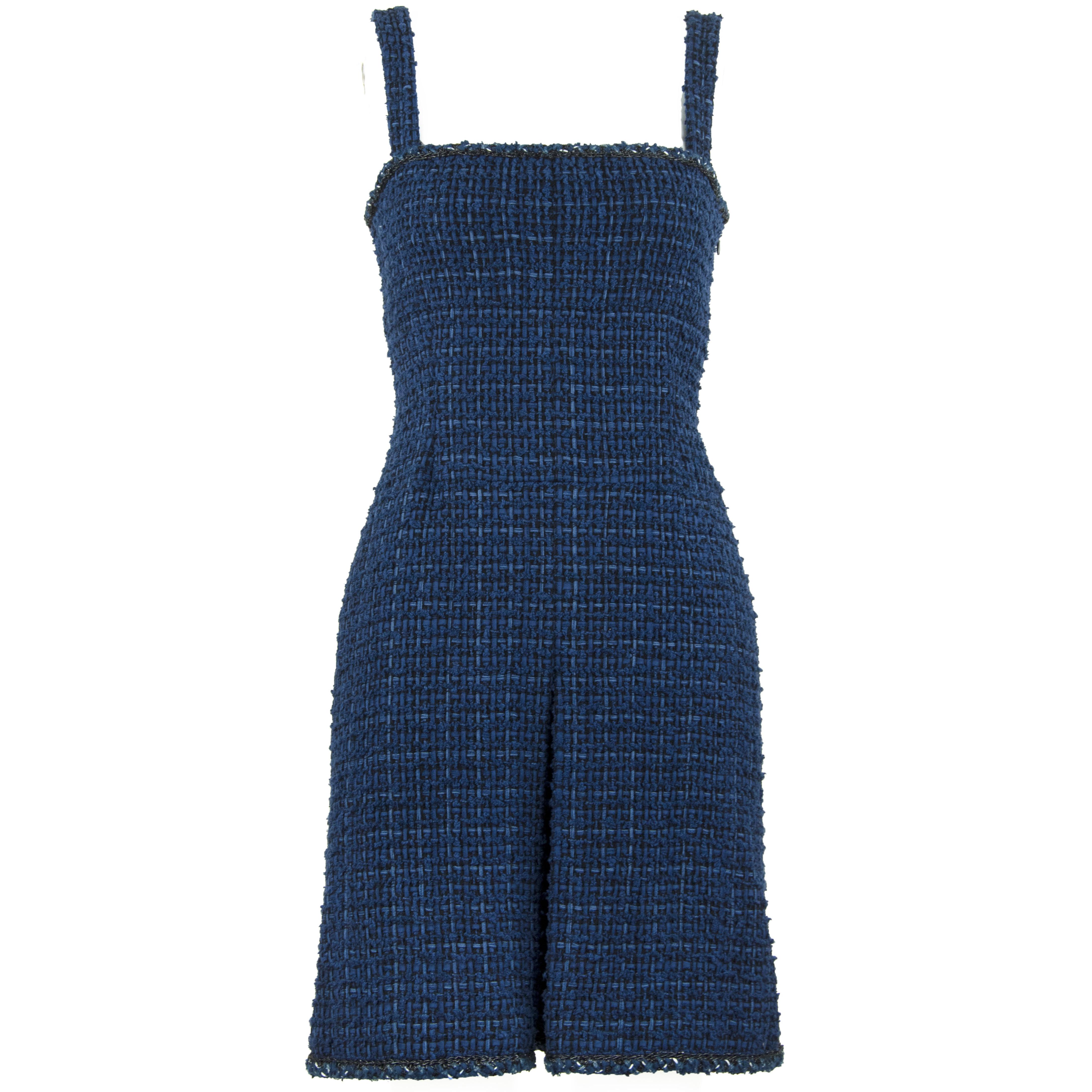 Chanel Navy Tweed Sleeveless Dress - Size FR 36 For Sale