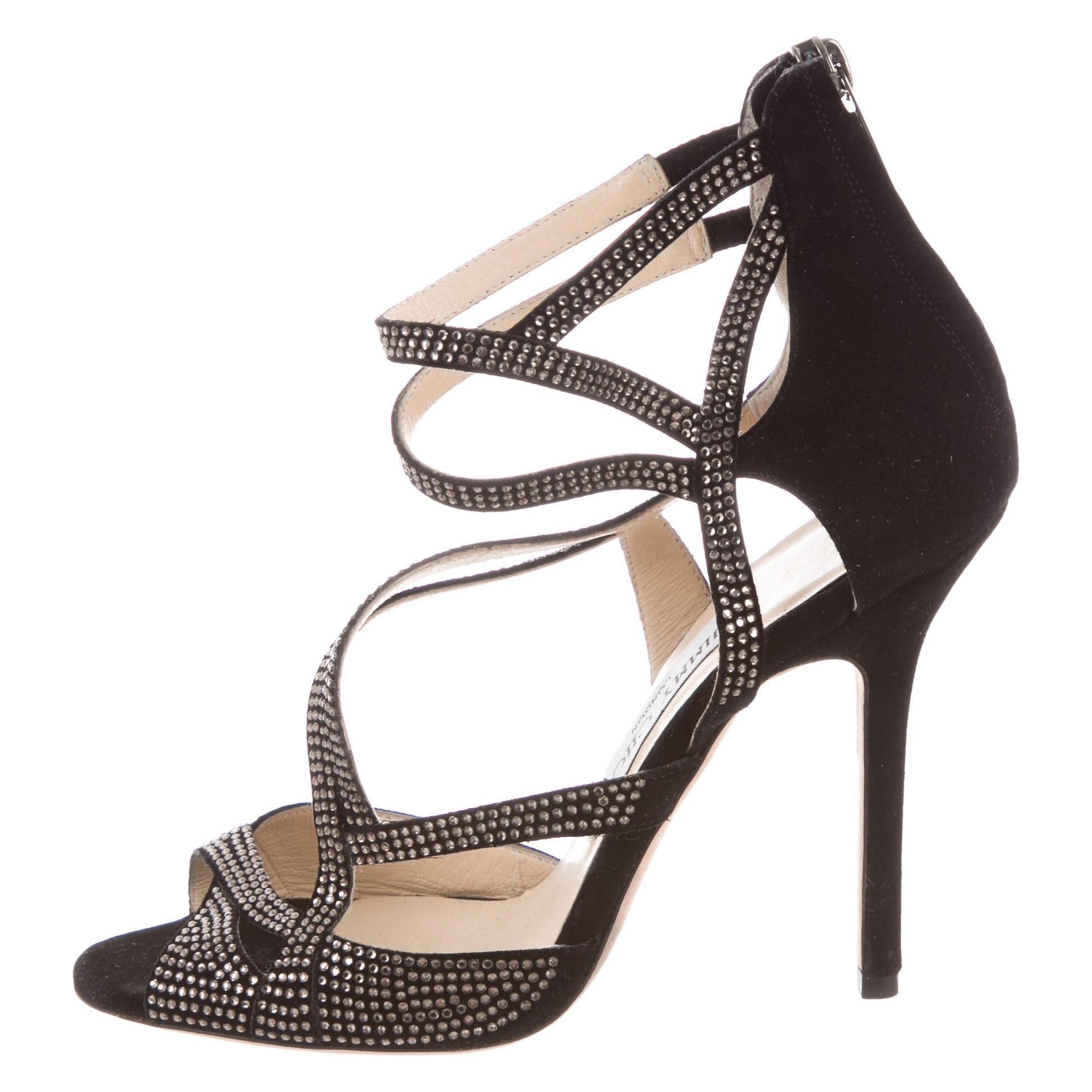 Jimmy Choo NEW Black Suede Crystal Cut Out Evening Sandals Heels