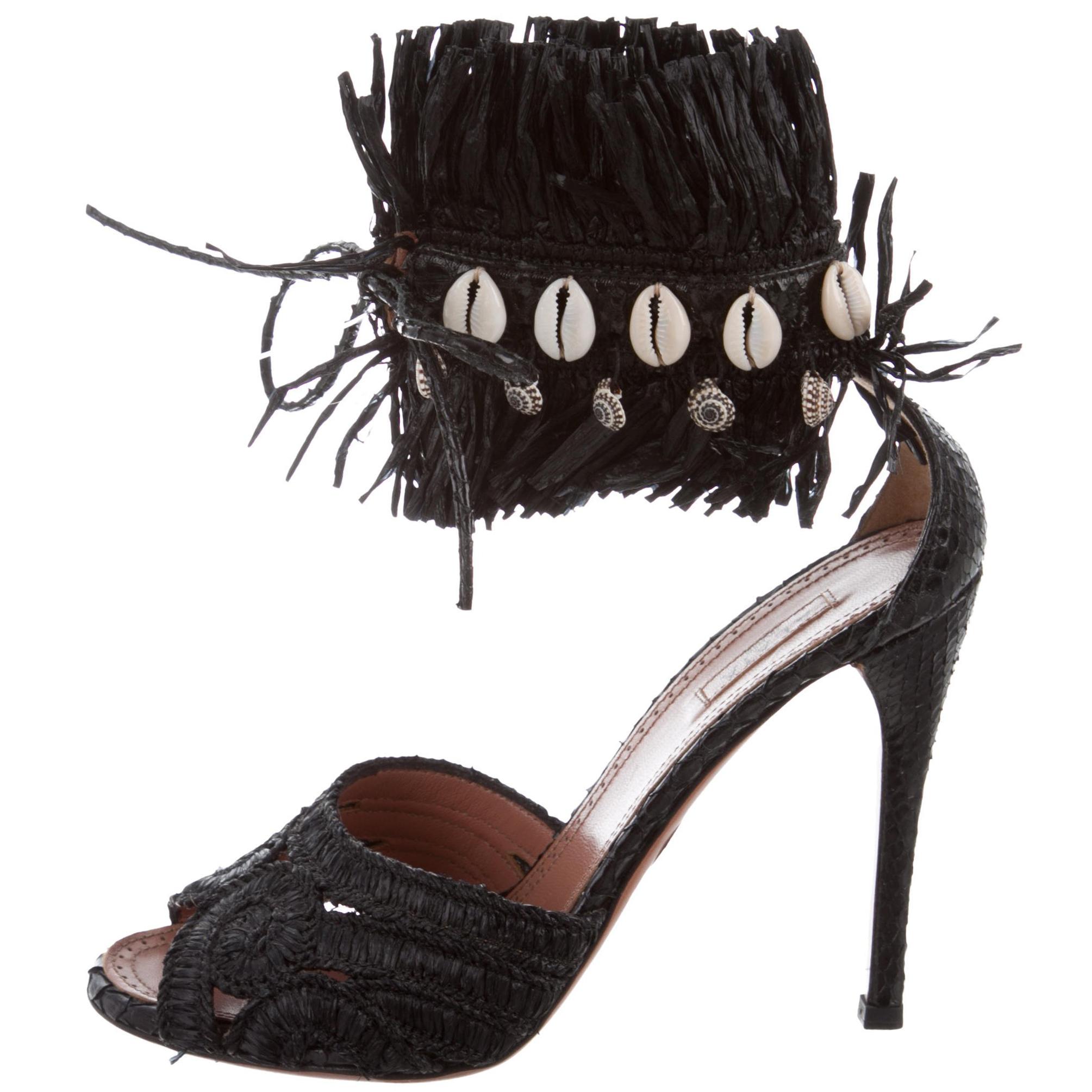 ALAIA NEW Black Woven Snakeskin Shell Ankle Evening Sandals Heels