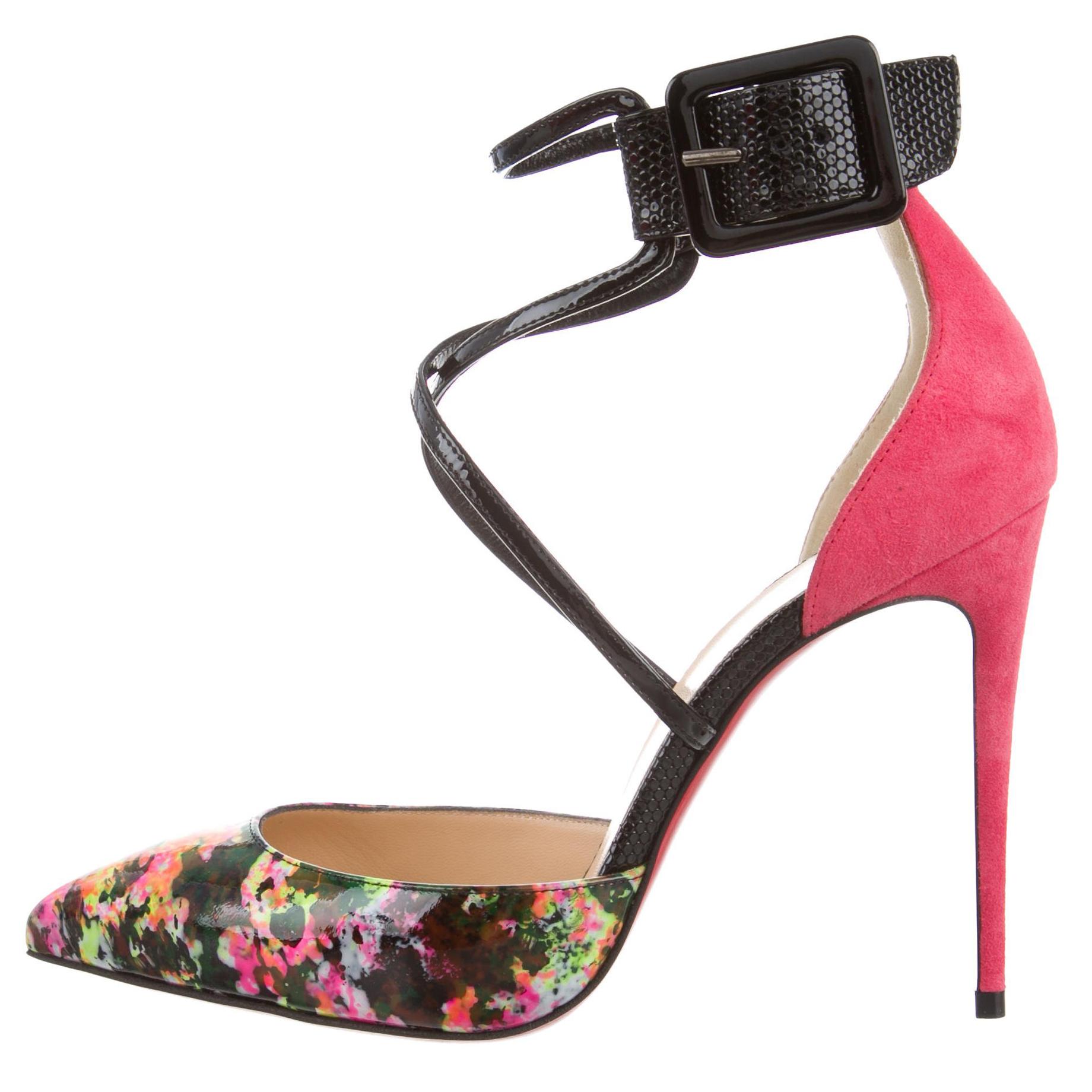 Christian Louboutin NEW Pink Suede Patent Floral Pointy Evening Pumps Heels 