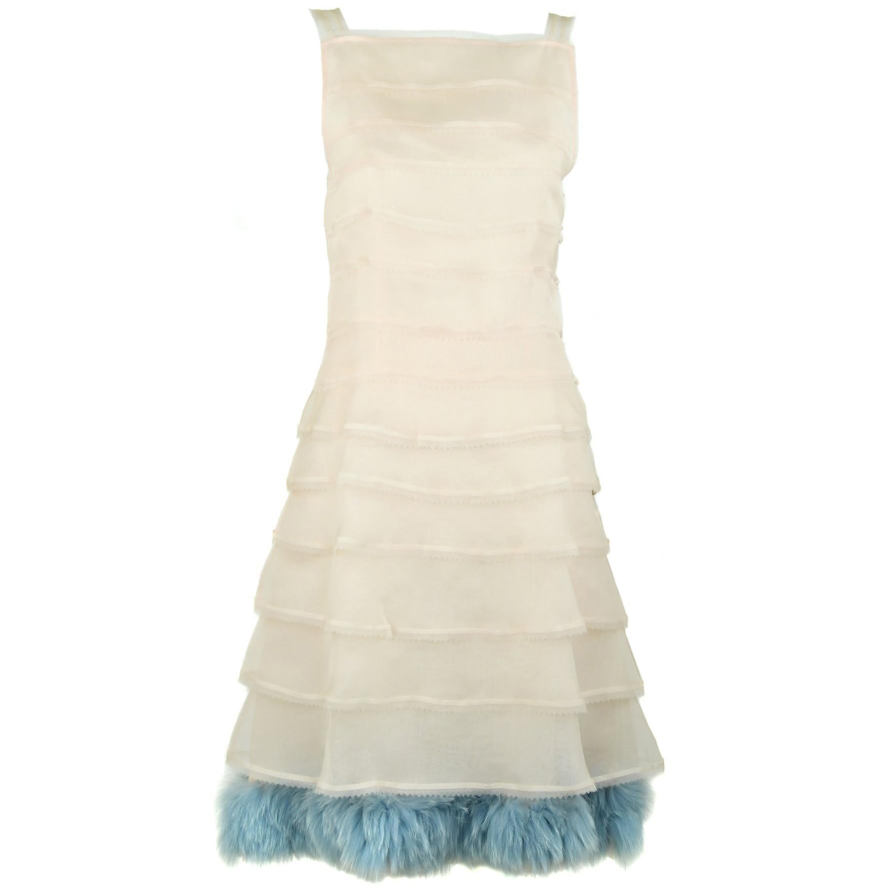 Fendi Peach Organza Dress with Blue Fur Detail - Size IT 38 For Sale