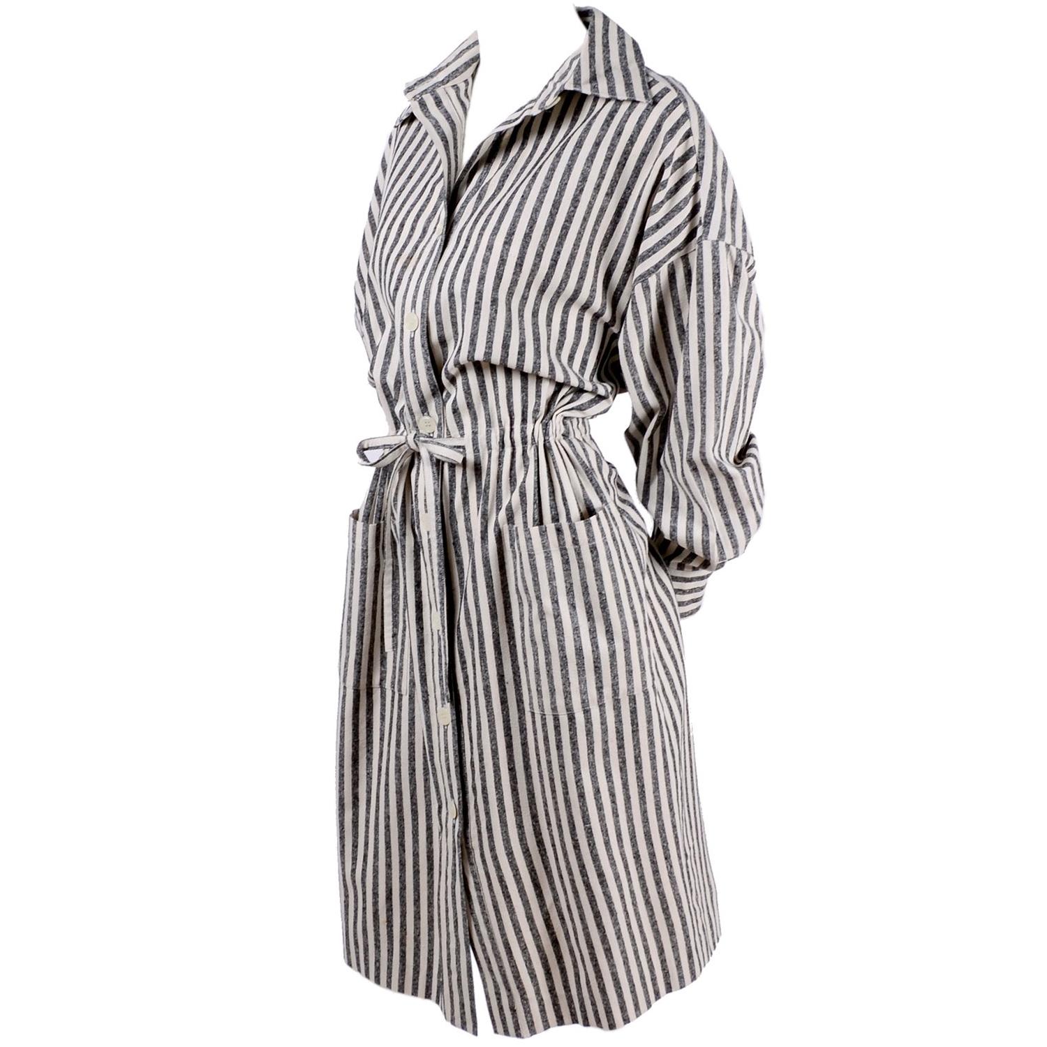 Vintage Oleg Cassini Raw Silk Dress in Gray & White Stripes w/ Drawstring Waist 