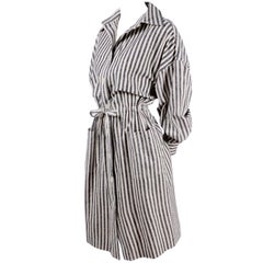 Vintage Oleg Cassini Raw Silk Dress in Gray 
White Stripes w/ Drawstring Waist