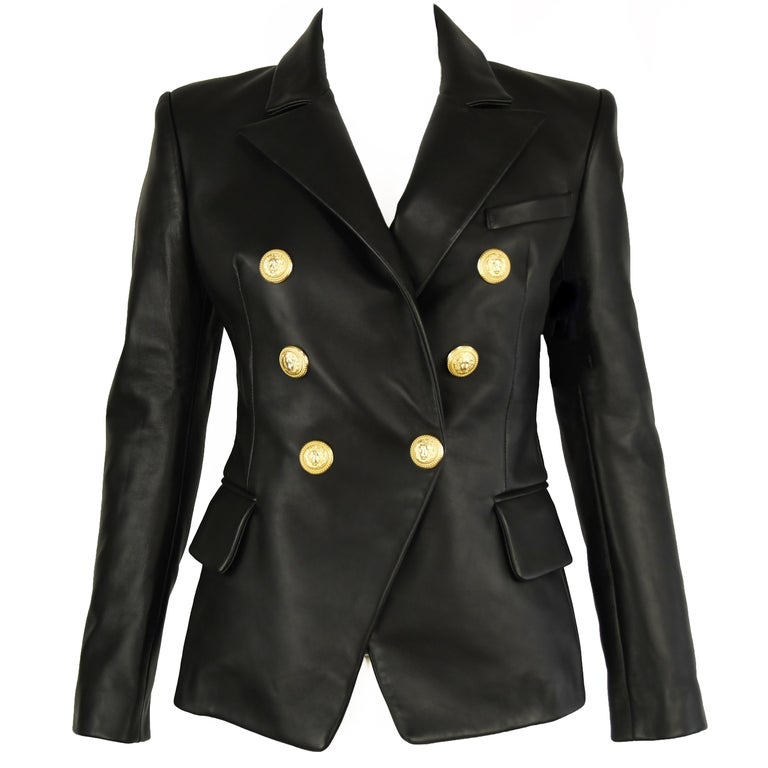Balmain Black Leather Double Breasted Blazer - Size FR 34 For Sale at ...
